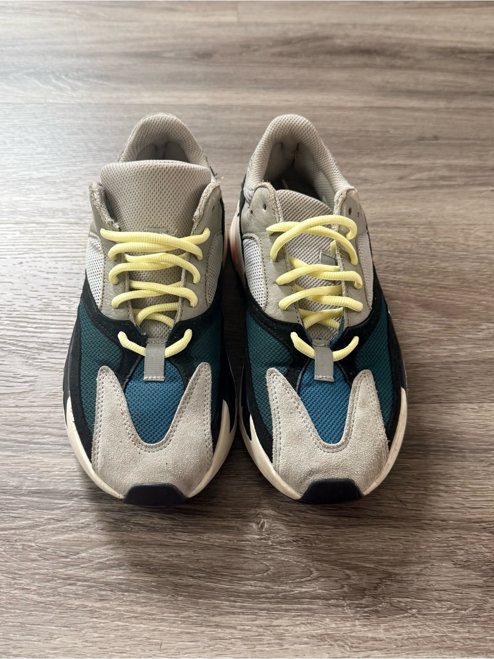 Yeezy Sneakers in Teal, Gray, Black with Yellow Laces